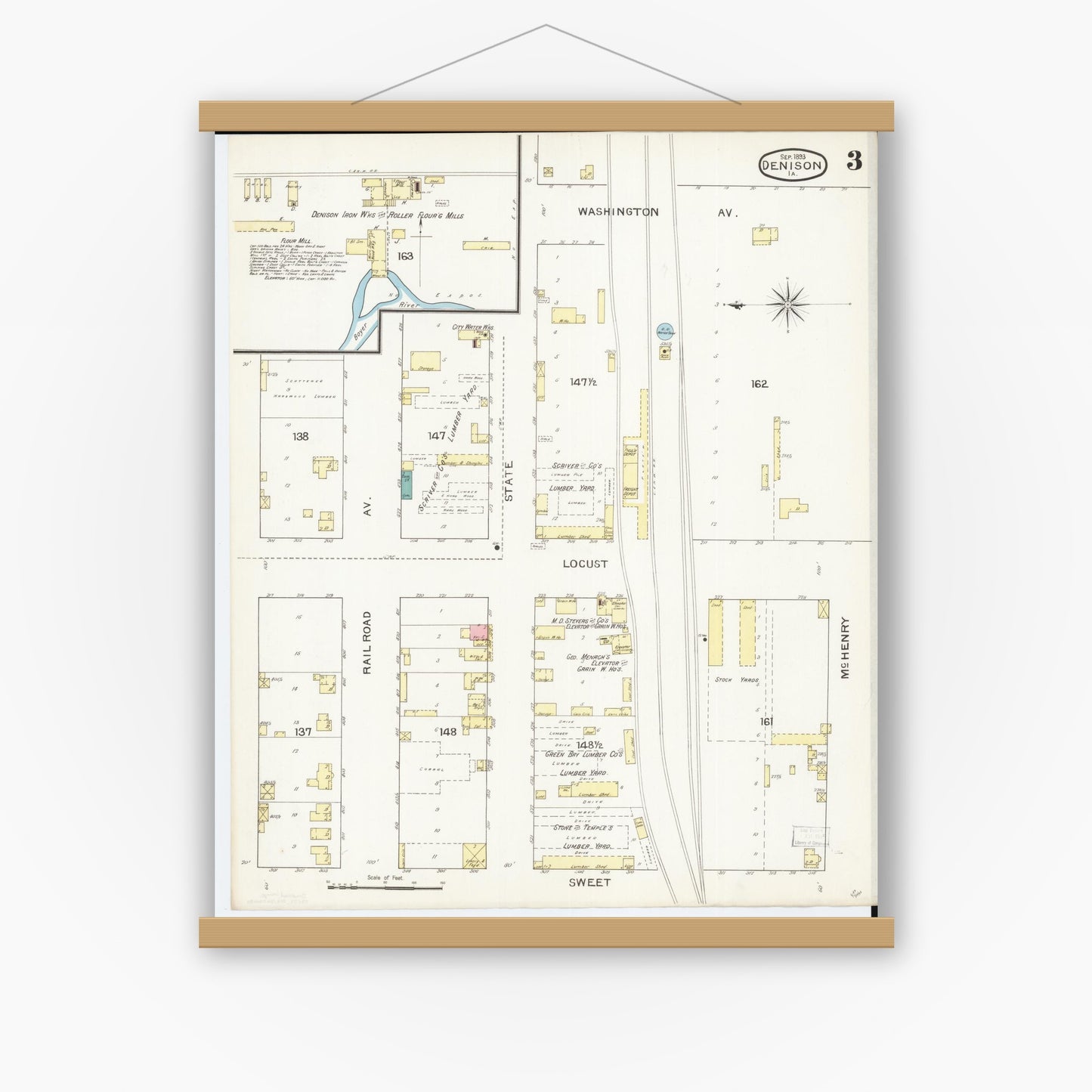 Old map wall art mockup — magnetic wood frame on white wall — Sanborn Fire Insurance Map from Denison, Crawford County, Iowa (1893), Sheet #0003