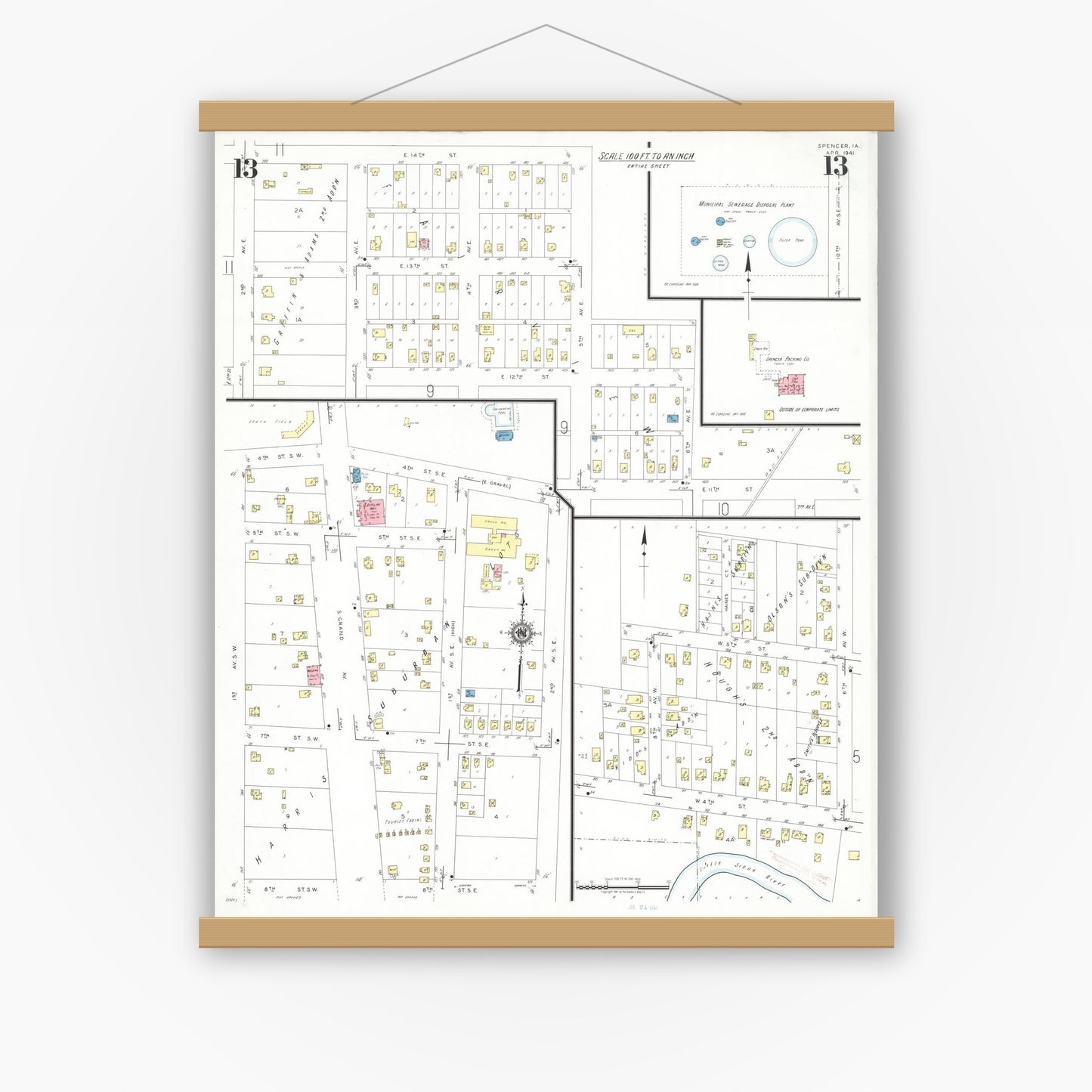 Old map wall art mockup — magnetic wood frame on white wall — Sanborn Fire Insurance Map from Spencer, Clay County, Iowa (1941), Sheet #0013