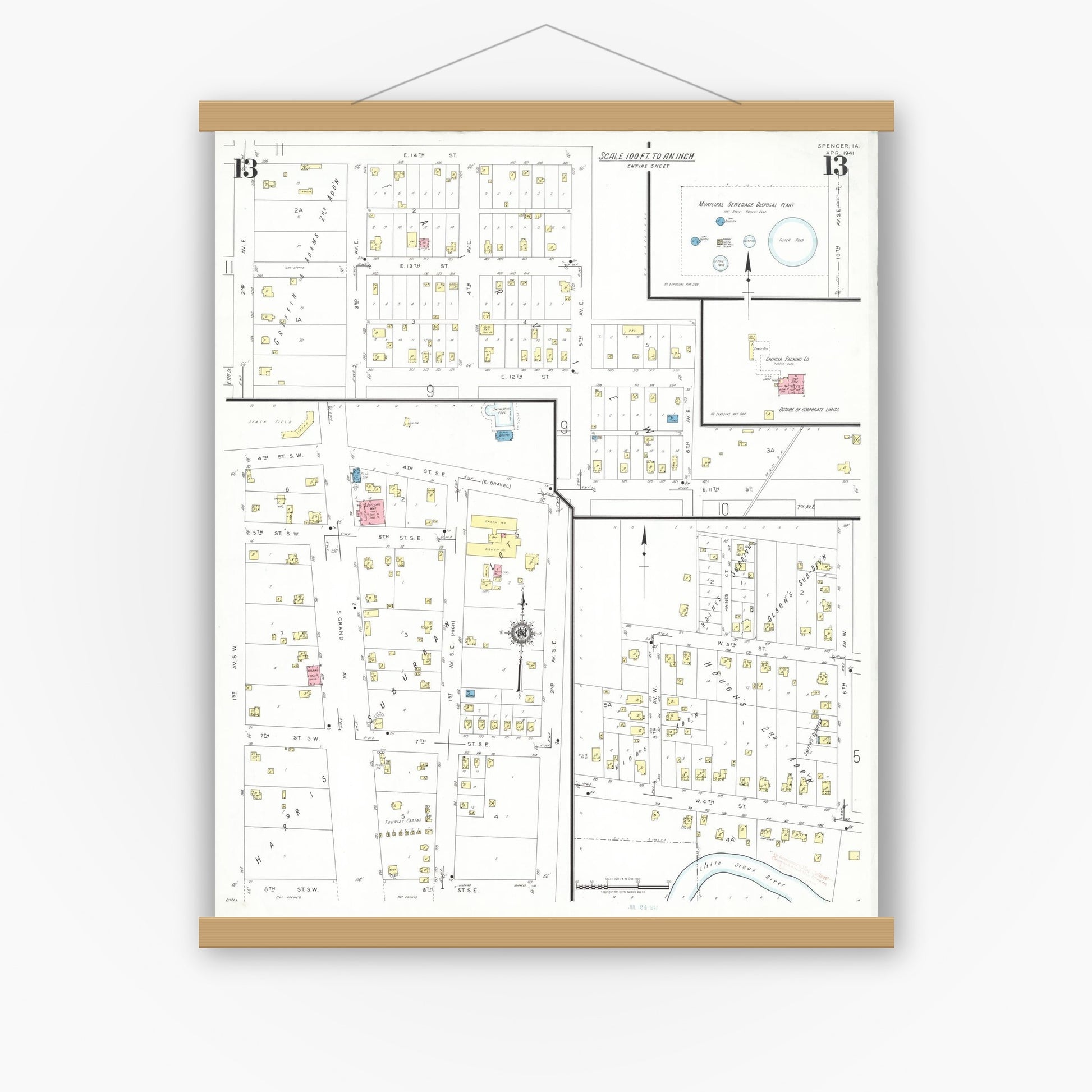 Old map wall art mockup — magnetic wood frame on white wall — Sanborn Fire Insurance Map from Spencer, Clay County, Iowa (1941), Sheet #0013