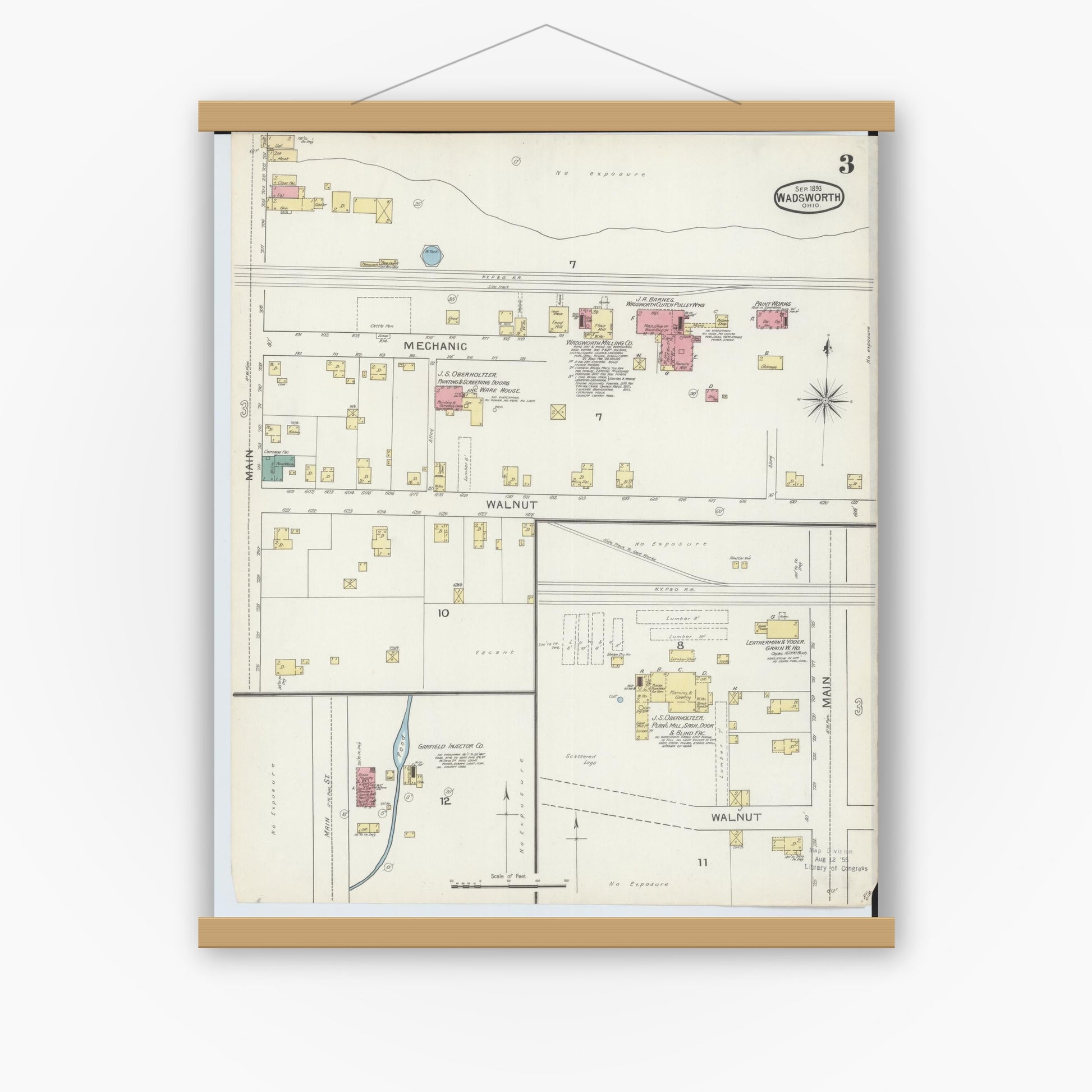 Old map wall art mockup — magnetic wood frame on white wall — Sanborn Fire Insurance Map from Wadsworth, Medina County, Ohio (1893), Sheet #0003
