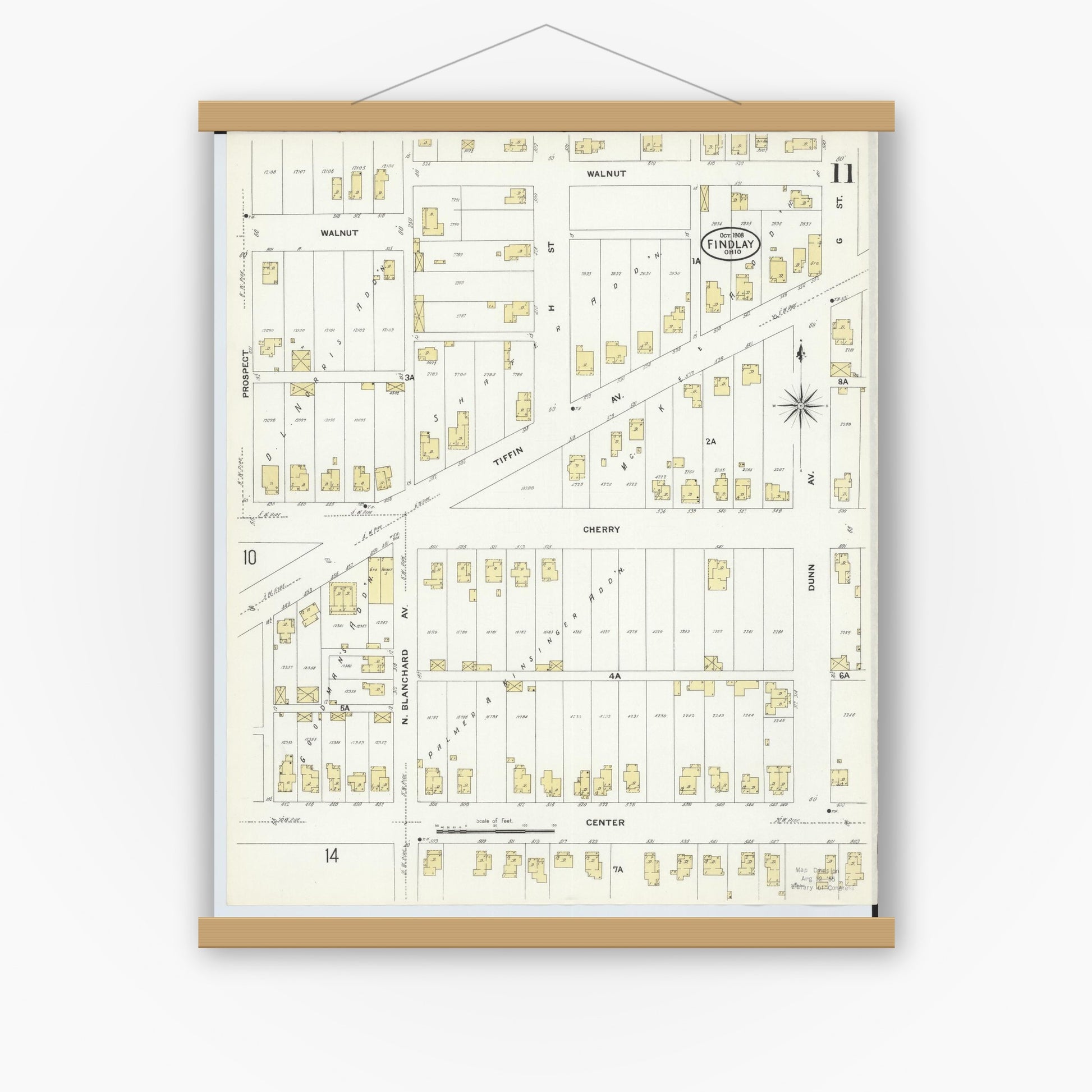 Old map wall art mockup — magnetic wood frame on white wall — Sanborn Fire Insurance Map from Findlay, Hancock County, Ohio (1908), Sheet #0011