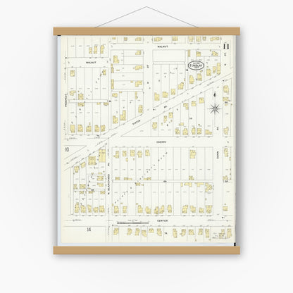 Old map wall art mockup — magnetic wood frame on white wall — Sanborn Fire Insurance Map from Findlay, Hancock County, Ohio (1908), Sheet #0011