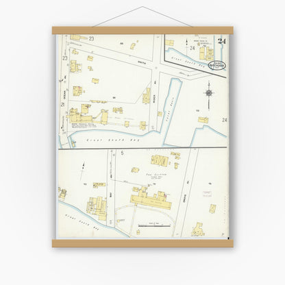 Old map wall art mockup — magnetic wood frame on white wall — Sanborn Fire Insurance Map from Patchogue, Suffolk County, New York (1910), Sheet #0024