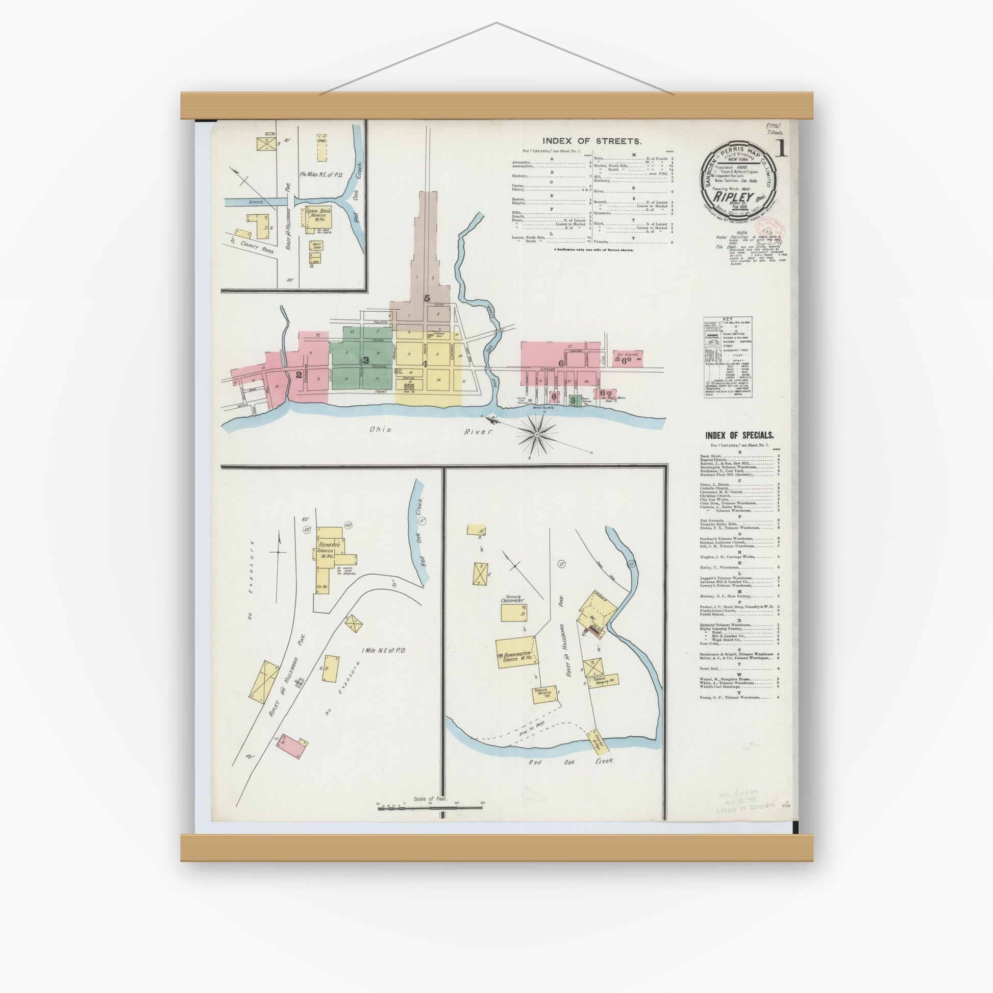 Old map wall art mockup — magnetic wood frame on white wall — Sanborn Fire Insurance Map from Ripley, Brown County, Ohio (1895), Sheet #0001