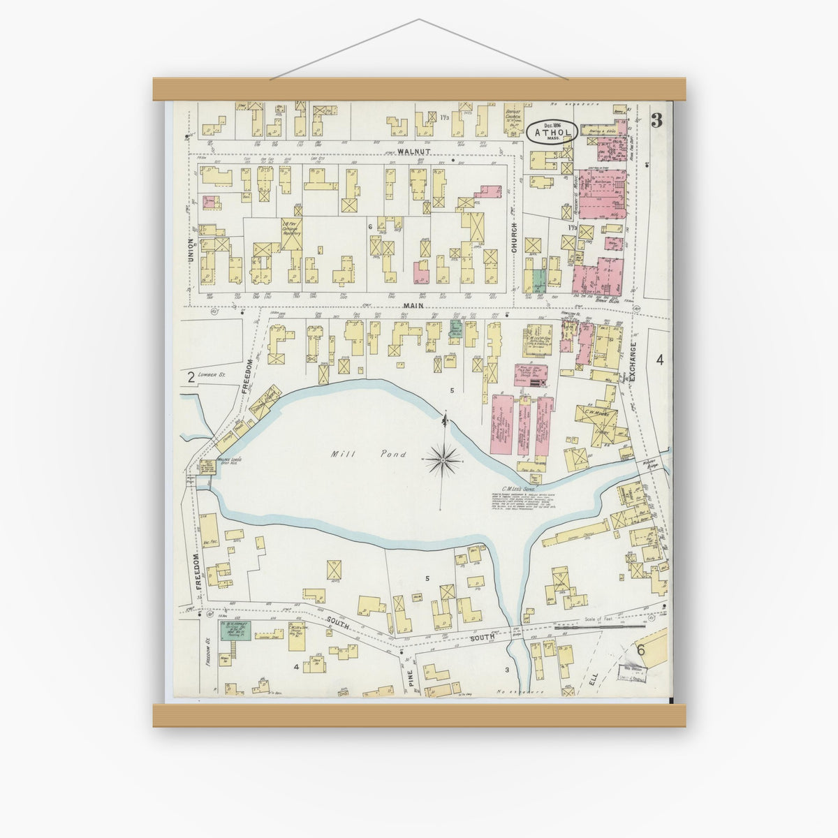 Old map wall art mockup — magnetic wood frame on white wall — Sanborn Fire Insurance Map from Athol, Worcester County, Massachusetts (1896), Sheet #0003