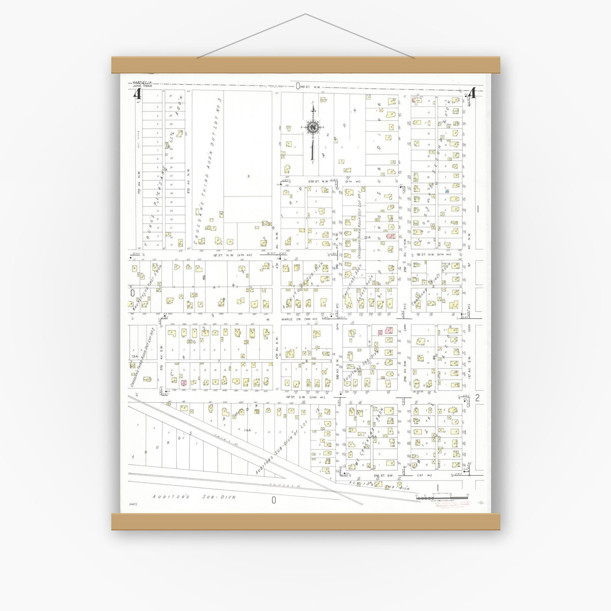 Old map wall art mockup — magnetic wood frame on white wall — Sanborn Fire Insurance Map from Hartley, O'Brien County, Iowa (1948), Sheet #0004