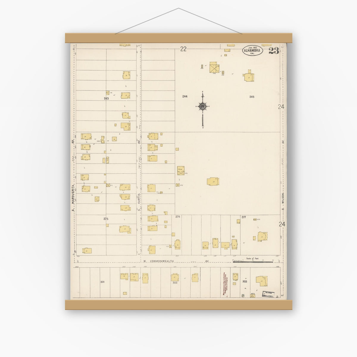 Old map wall art mockup — magnetic wood frame on white wall — Sanborn Fire Insurance Map from Alhambra, Los Angeles County, California (1912), Sheet #0023