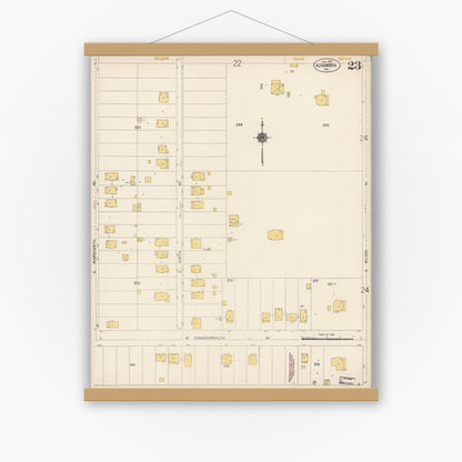Old map wall art mockup — magnetic wood frame on white wall — Sanborn Fire Insurance Map from Alhambra, Los Angeles County, California (1912), Sheet #0023