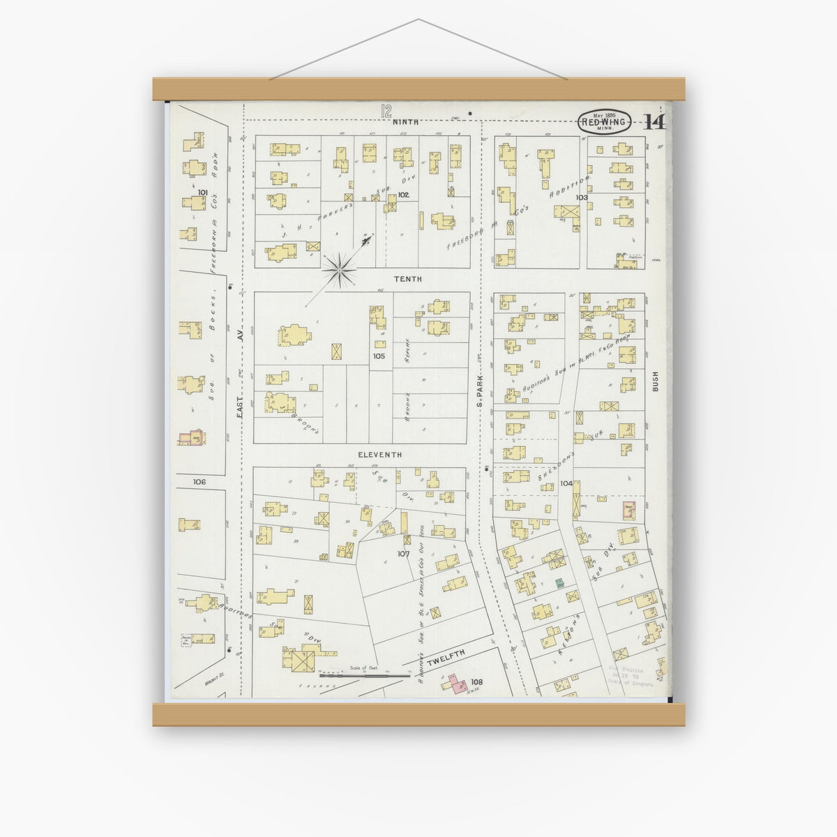 Old map wall art mockup — magnetic wood frame on white wall — Sanborn Fire Insurance Map from Red Wing, Goodhue County, Minnesota (1895), Sheet #0014
