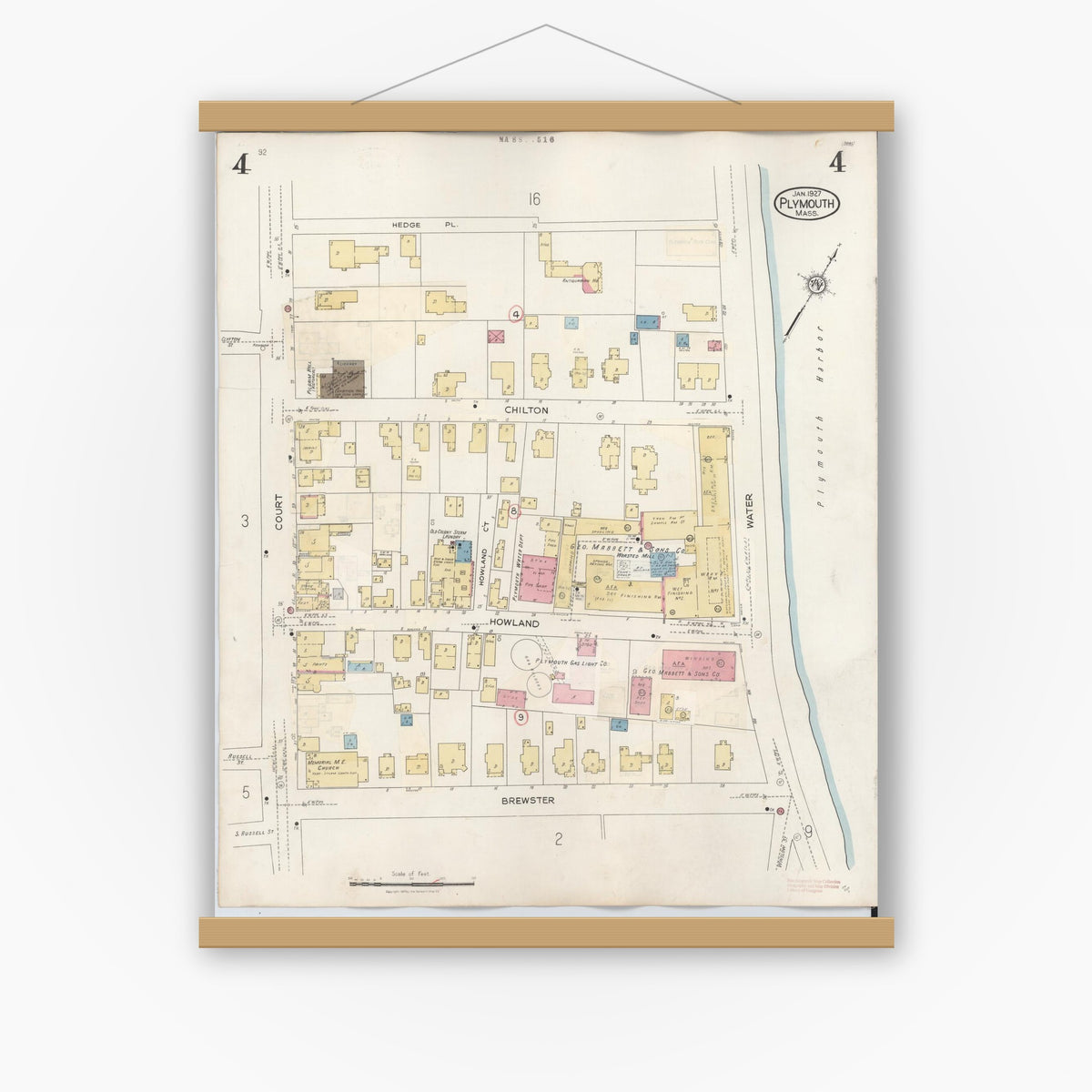 Old map wall art mockup — magnetic wood frame on white wall — Sanborn Fire Insurance Map from Plymouth, Plymouth County, Massachusetts (1948), Sheet #0004