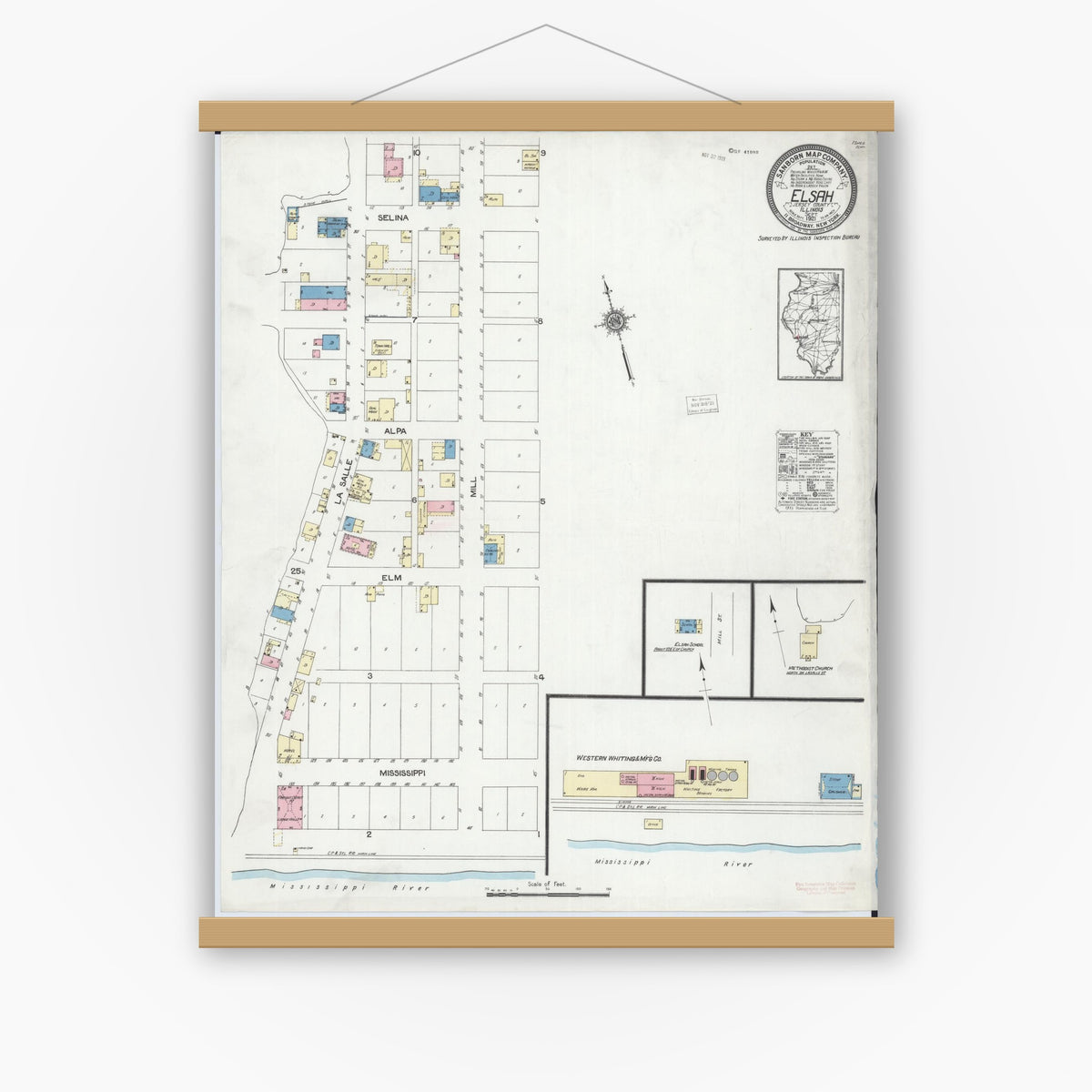 Old map wall art mockup — magnetic wood frame on white wall — Sanborn Fire Insurance Map from Elsah, Jersey County, Illinois (1921), Sheet #0001