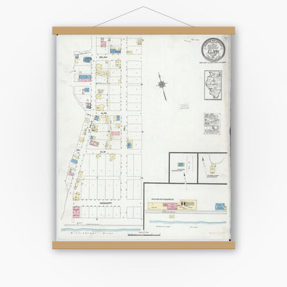 Old map wall art mockup — magnetic wood frame on white wall — Sanborn Fire Insurance Map from Elsah, Jersey County, Illinois (1921), Sheet #0001