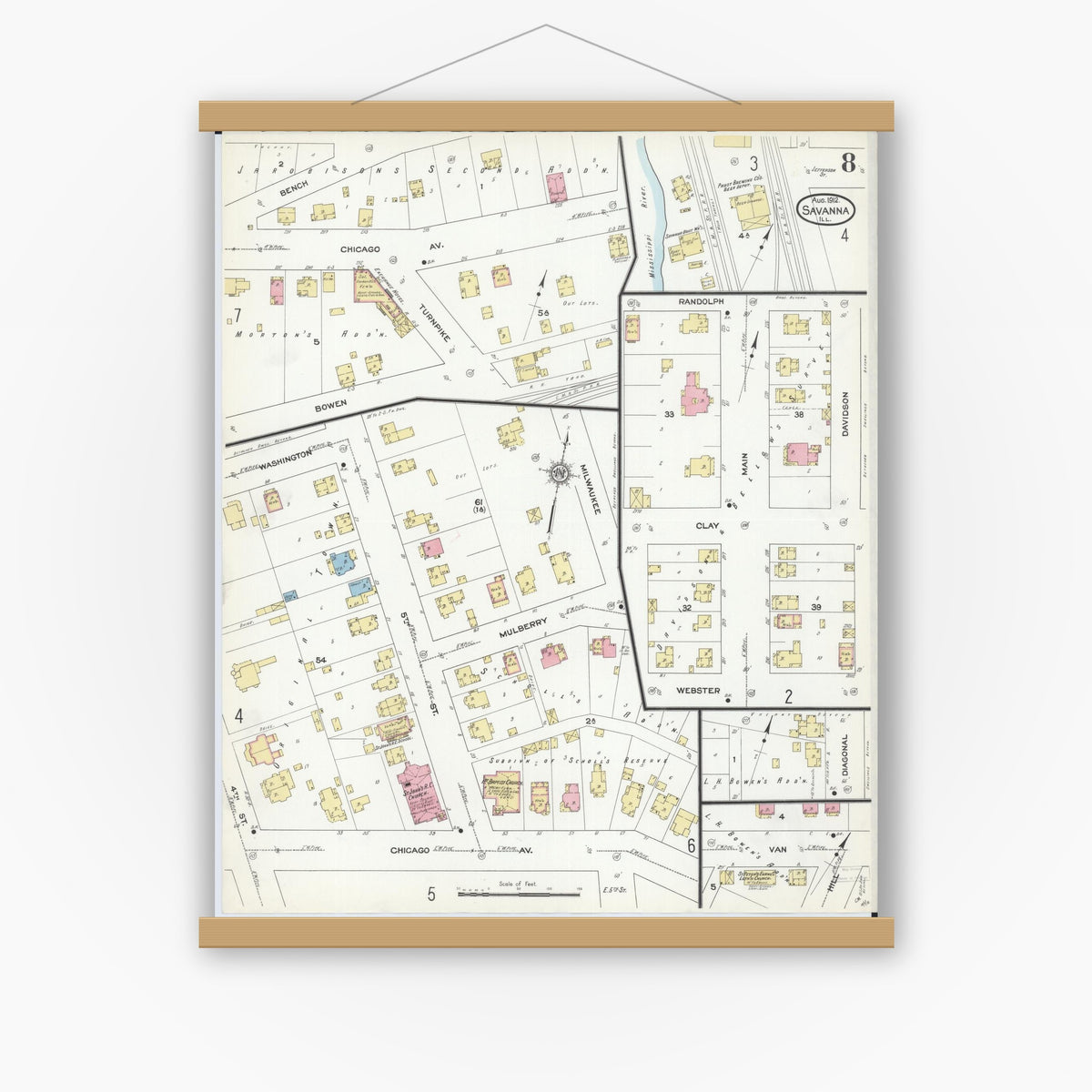 Old map wall art mockup — magnetic wood frame on white wall — Sanborn Fire Insurance Map from Savanna, Carroll County, Illinois (1912), Sheet #0008