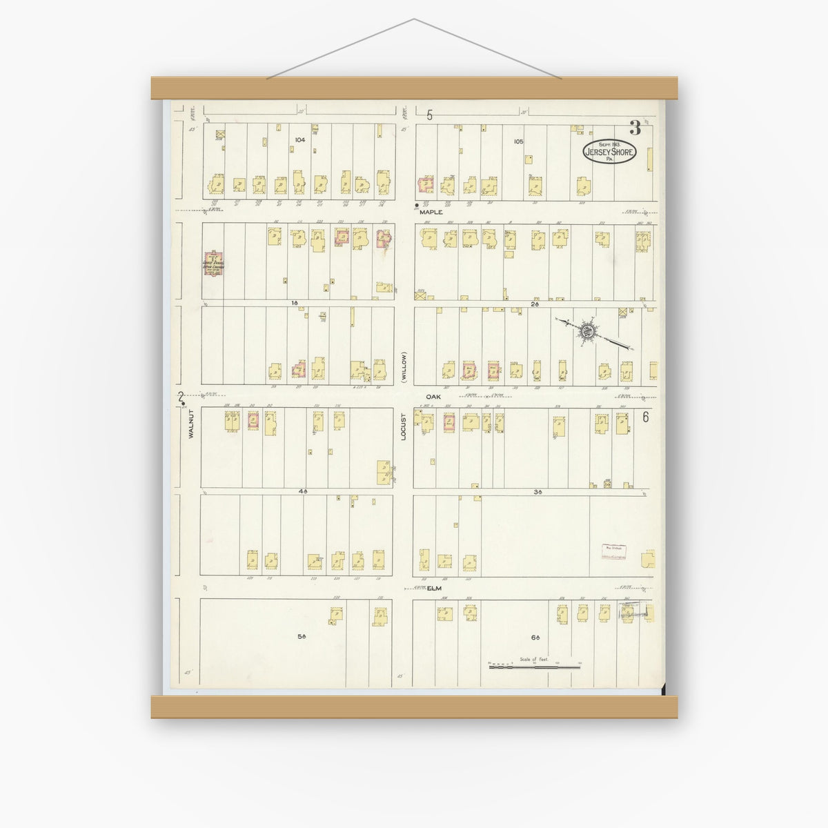 Old map wall art mockup — magnetic wood frame on white wall — Sanborn Fire Insurance Map from Jersey Shore, Lycoming County, Pennsylvania (1913), Sheet #0003