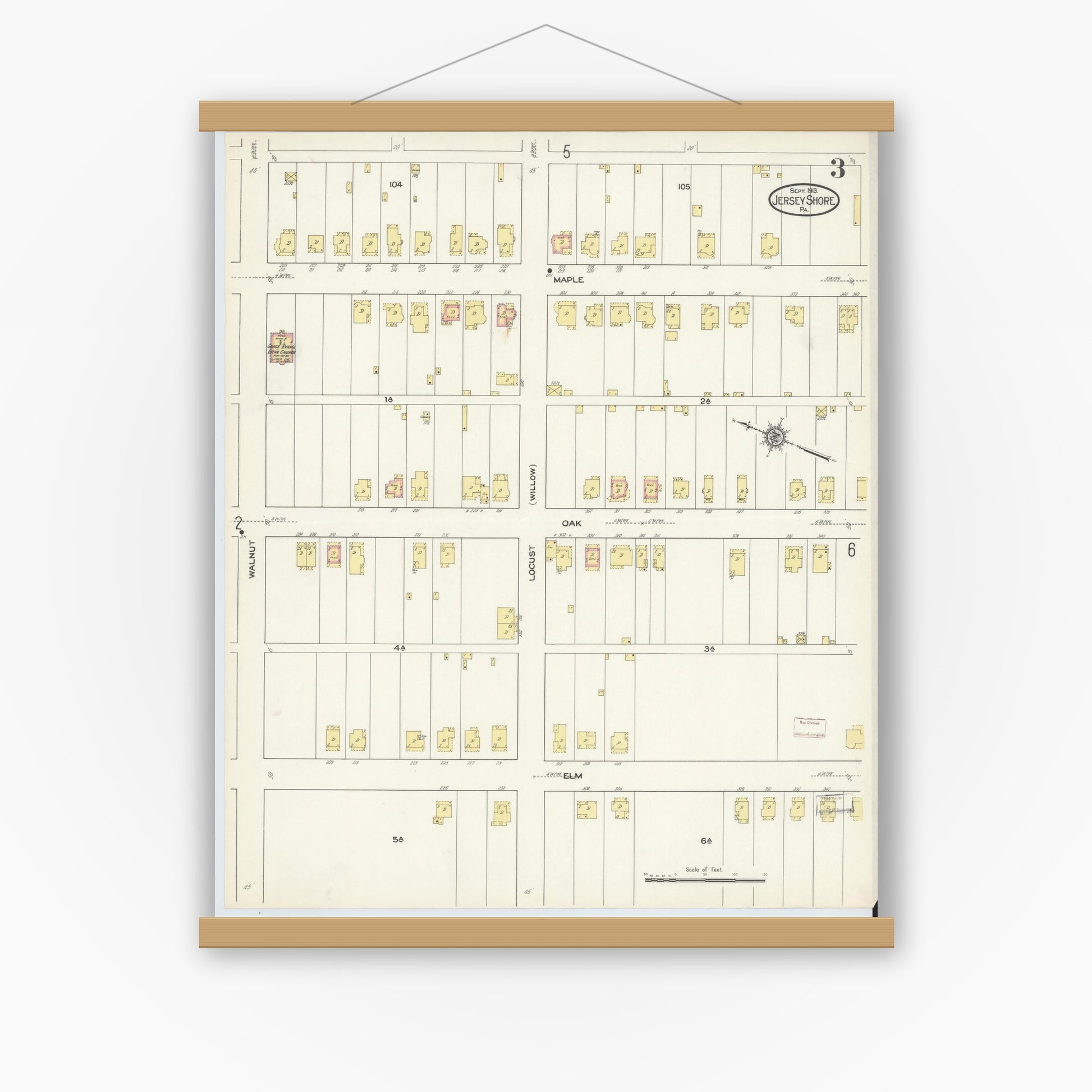 Old map wall art mockup — magnetic wood frame on white wall — Sanborn Fire Insurance Map from Jersey Shore, Lycoming County, Pennsylvania (1913), Sheet #0003