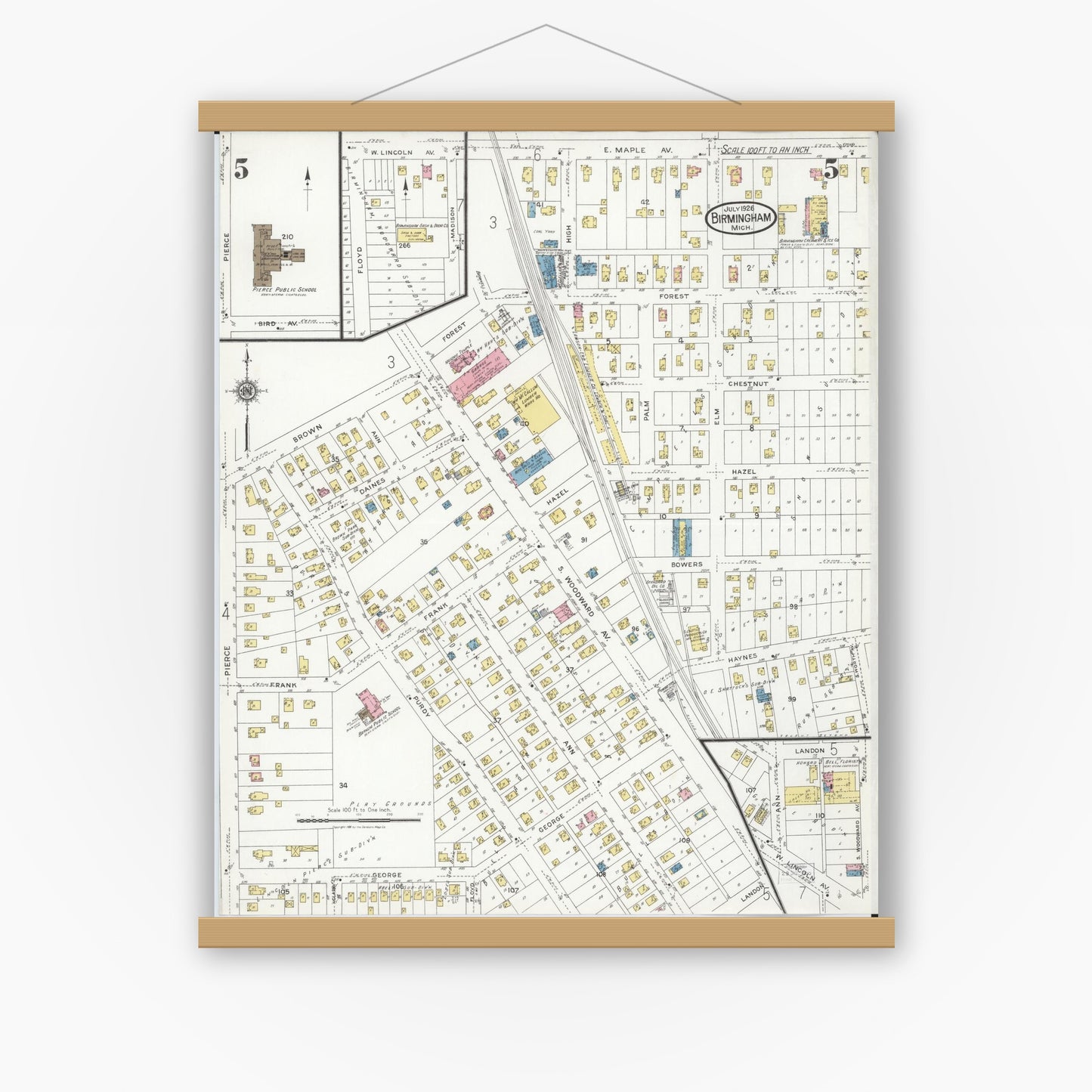 Old map wall art mockup — magnetic wood frame on white wall — Sanborn Fire Insurance Map from Birmingham, Oakland County, Michigan (1926), Sheet #0005