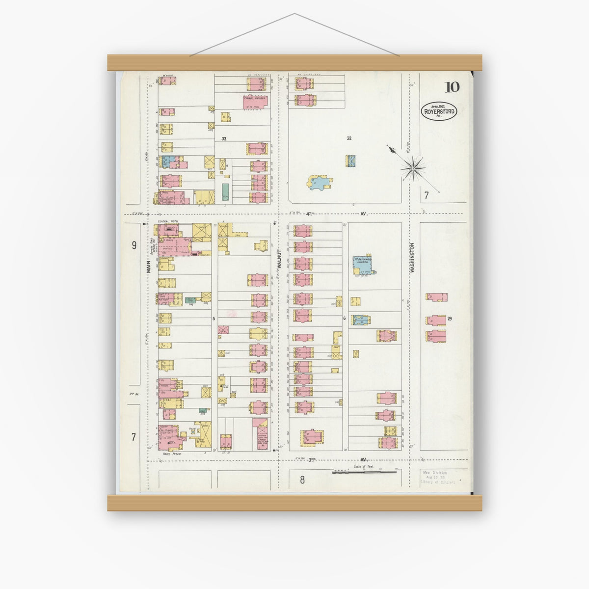 Old map wall art mockup — magnetic wood frame on white wall — Sanborn Fire Insurance Map from Royersford, Montgomery County, Pennsylvania (1902), Sheet #0010