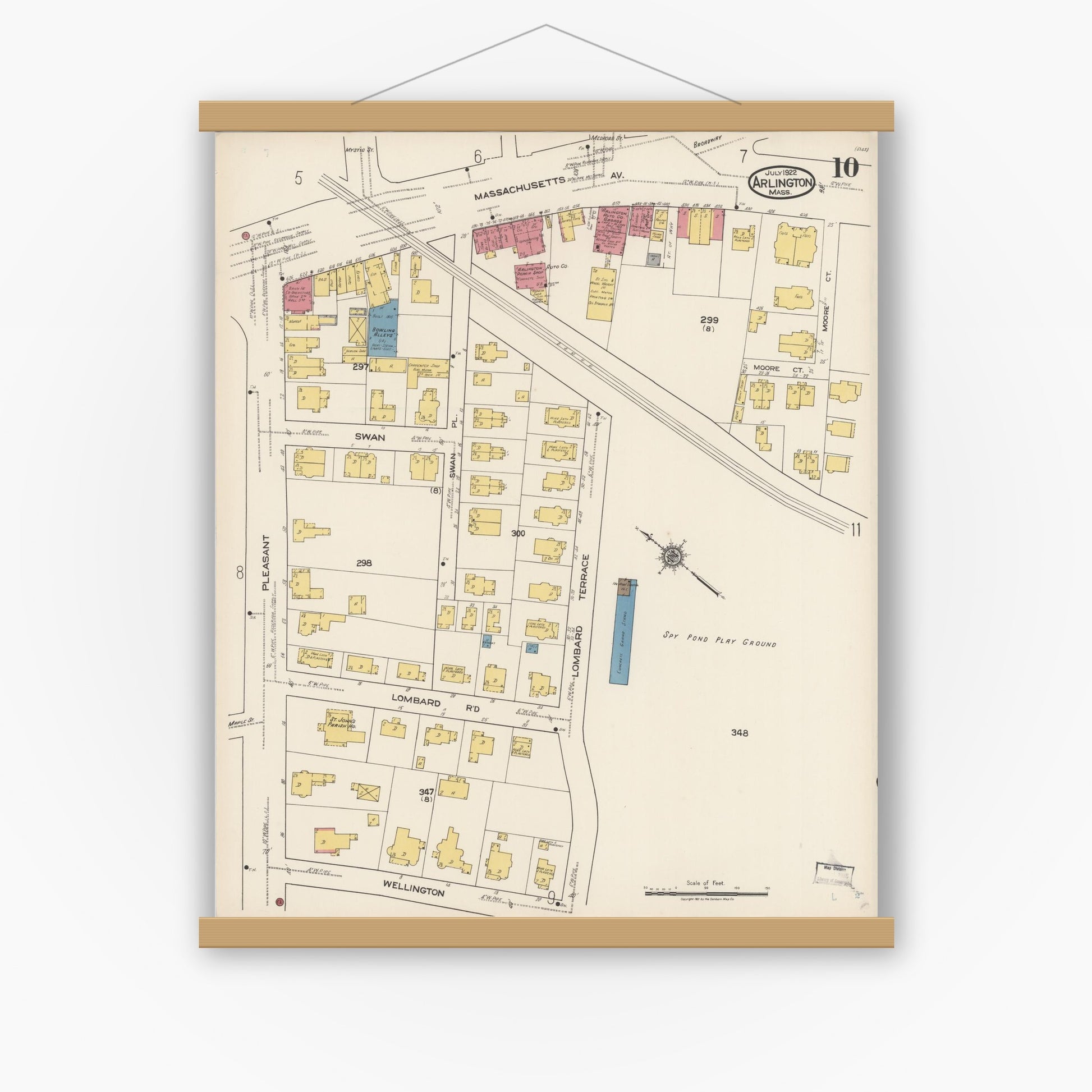 Old map wall art mockup — magnetic wood frame on white wall — Sanborn Fire Insurance Map from Arlington, Middlesex County, Massachusetts (1922), Sheet #0010