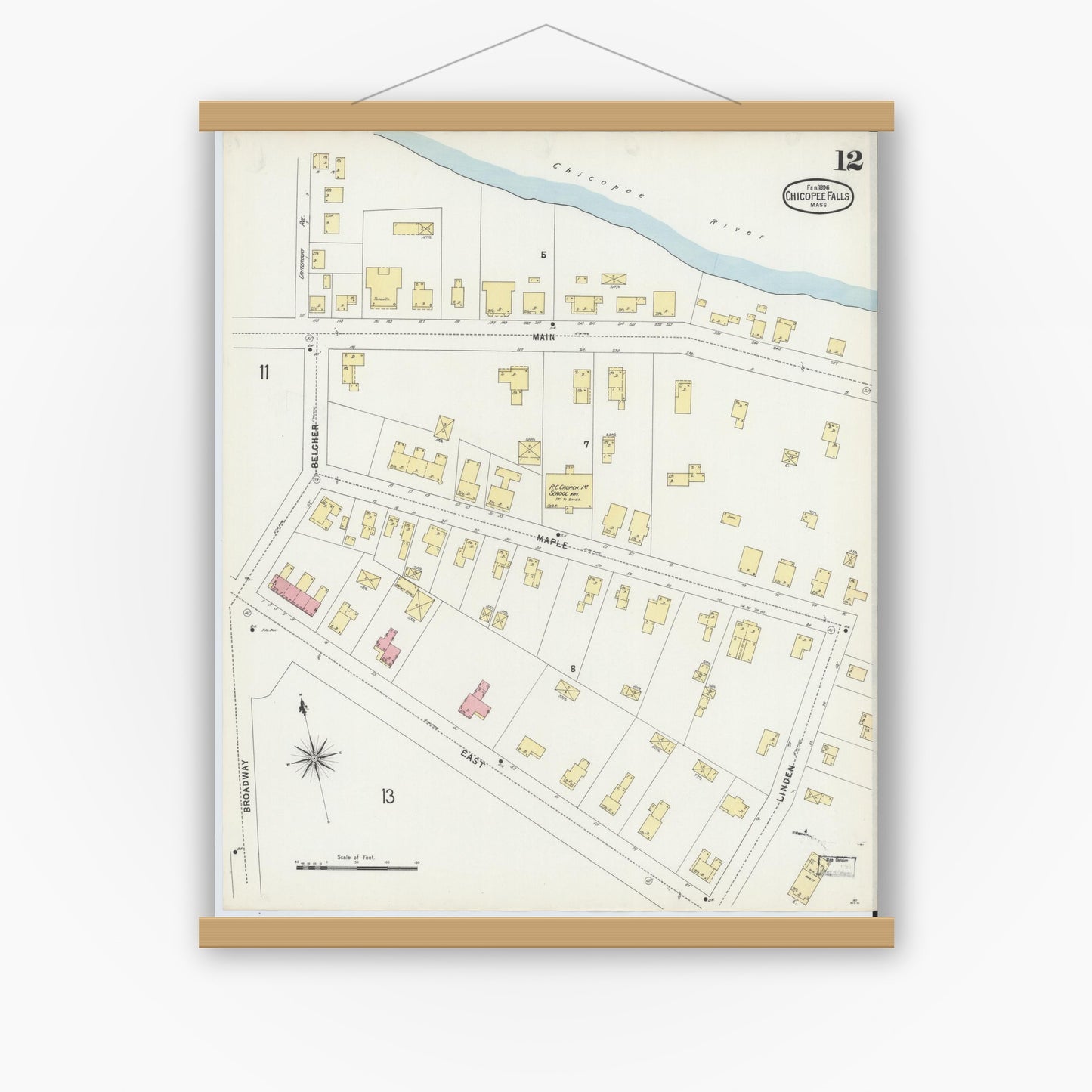 Old map wall art mockup — magnetic wood frame on white wall — Sanborn Fire Insurance Map from Chicopee, Hampden County, Massachusetts (1896), Sheet #0012