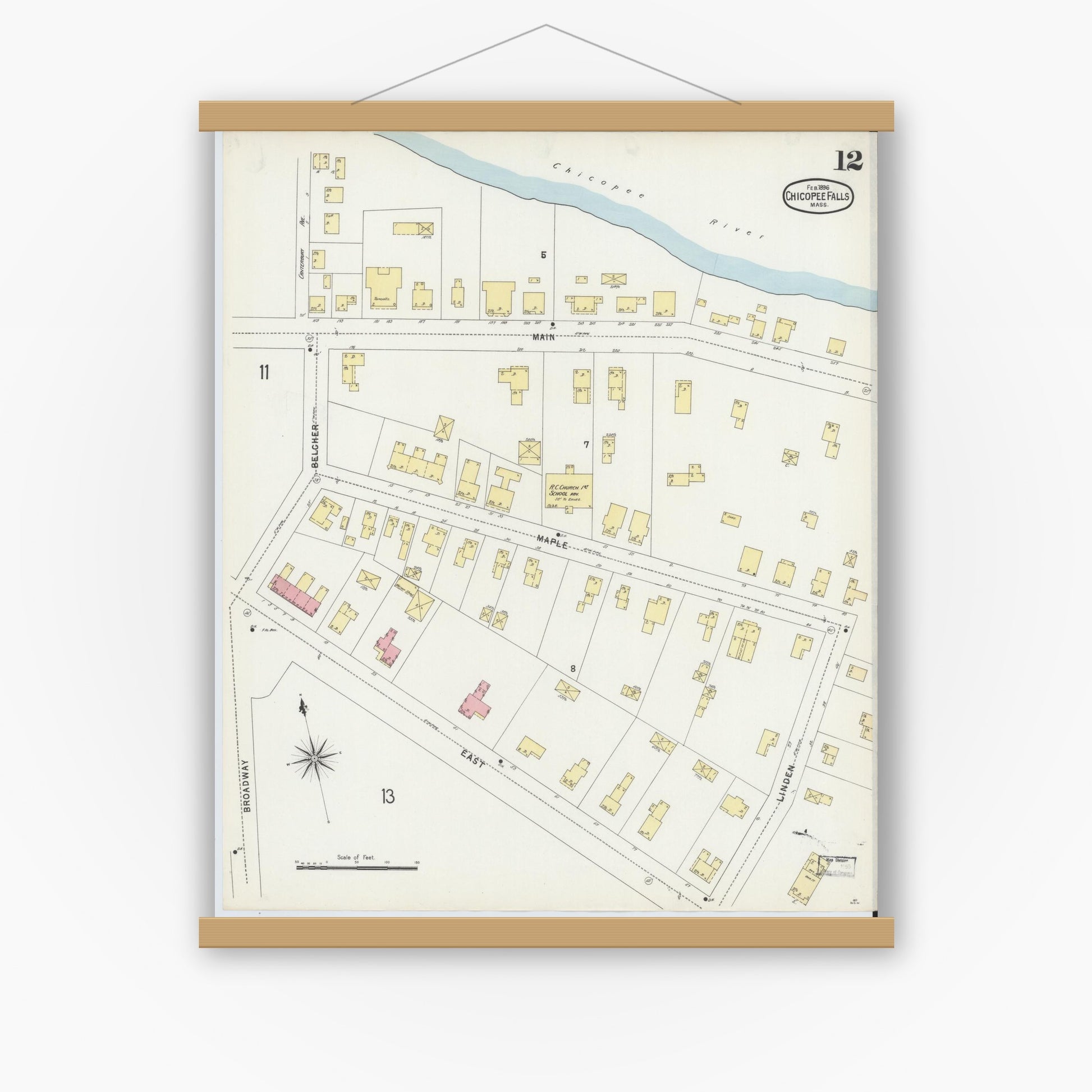 Old map wall art mockup — magnetic wood frame on white wall — Sanborn Fire Insurance Map from Chicopee, Hampden County, Massachusetts (1896), Sheet #0012