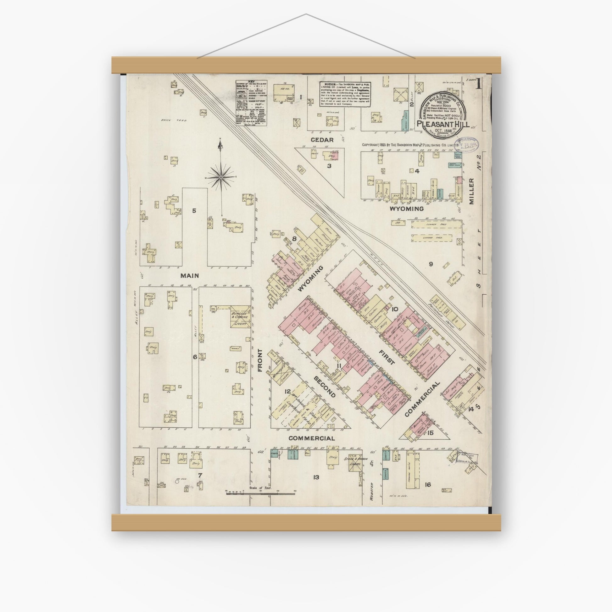 Old map wall art mockup — magnetic wood frame on white wall — Sanborn Fire Insurance Map from Pleasant Hill, Cass County, Missouri (1883), Sheet #0001