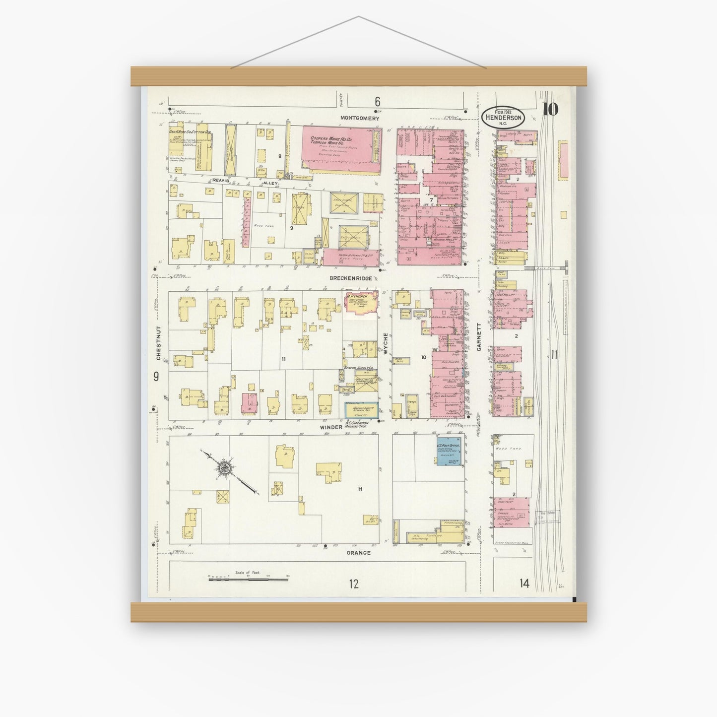 Old map wall art mockup — magnetic wood frame on white wall — Sanborn Fire Insurance Map from Henderson, Vance County, North Carolina (1912), Sheet #0010