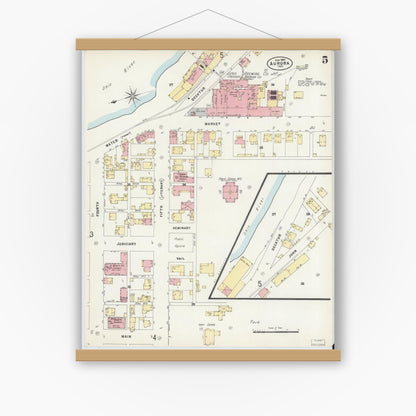 Old map wall art mockup — magnetic wood frame on white wall — Sanborn Fire Insurance Map from Aurora, Dearborn County, Indiana (1897), Sheet #0005
