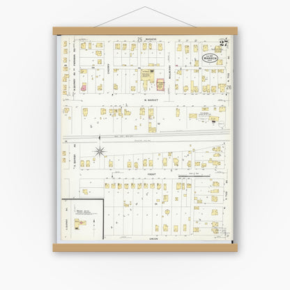 Old map wall art mockup — magnetic wood frame on white wall — Sanborn Fire Insurance Map from Warren, Trumbull County, Ohio (1908), Sheet #0027