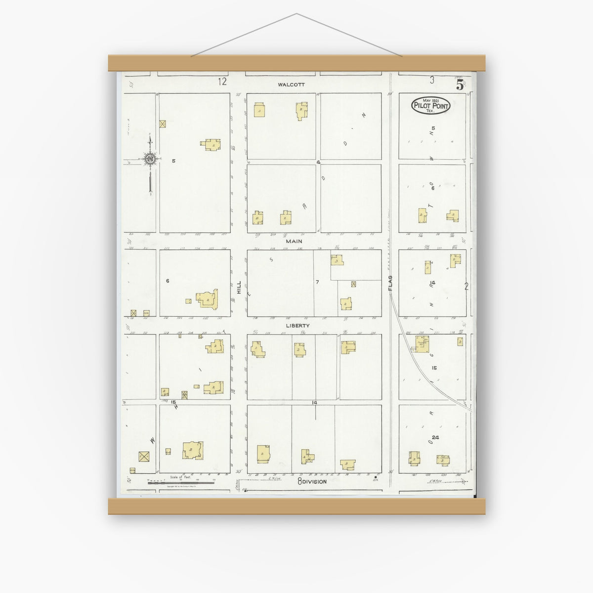 Old map wall art mockup — magnetic wood frame on white wall — Sanborn Fire Insurance Map from Pilot Point, Denton County, Texas (1921), Sheet #0005
