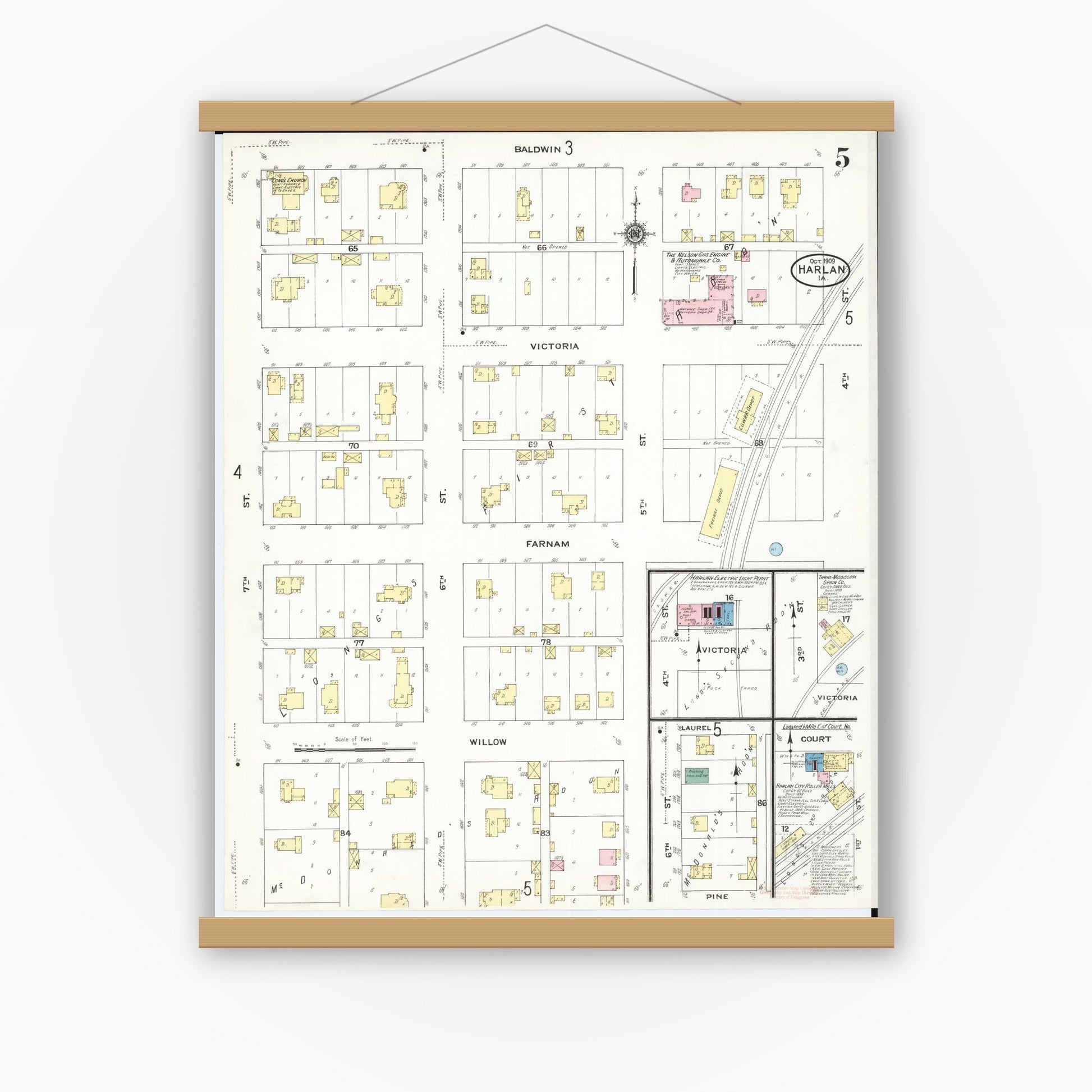 Old map wall art mockup — magnetic wood frame on white wall — Sanborn Fire Insurance Map from Harlan, Shelby County, Iowa (1909), Sheet #0005