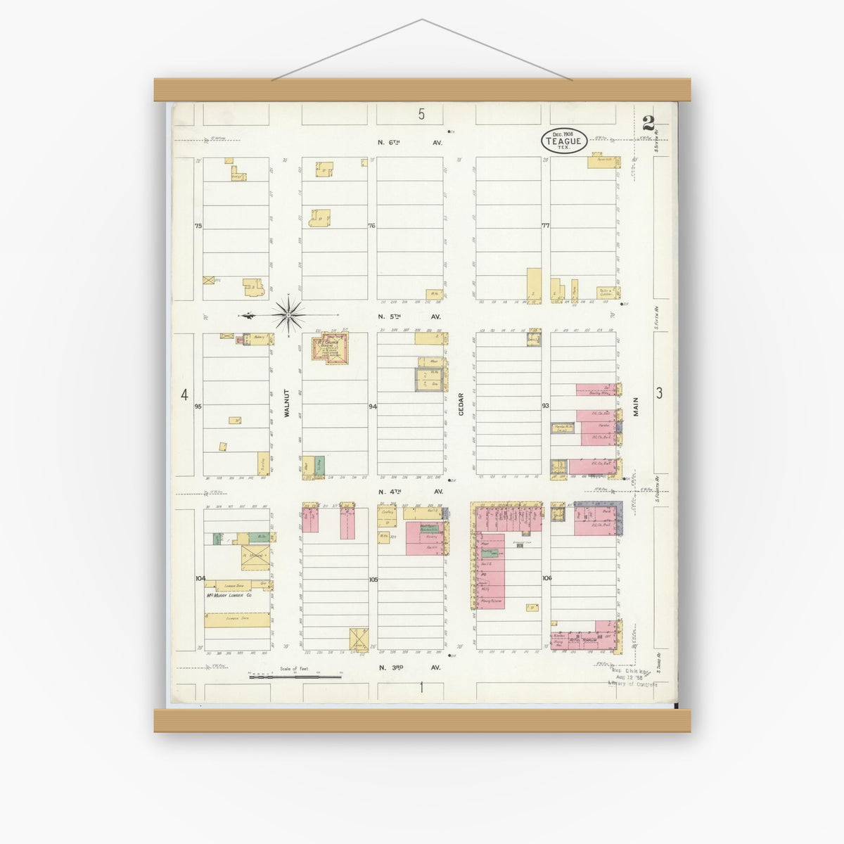 Old map wall art mockup — magnetic wood frame on white wall — Sanborn Fire Insurance Map from Teague, Freestone County, Texas (1908), Sheet #0002