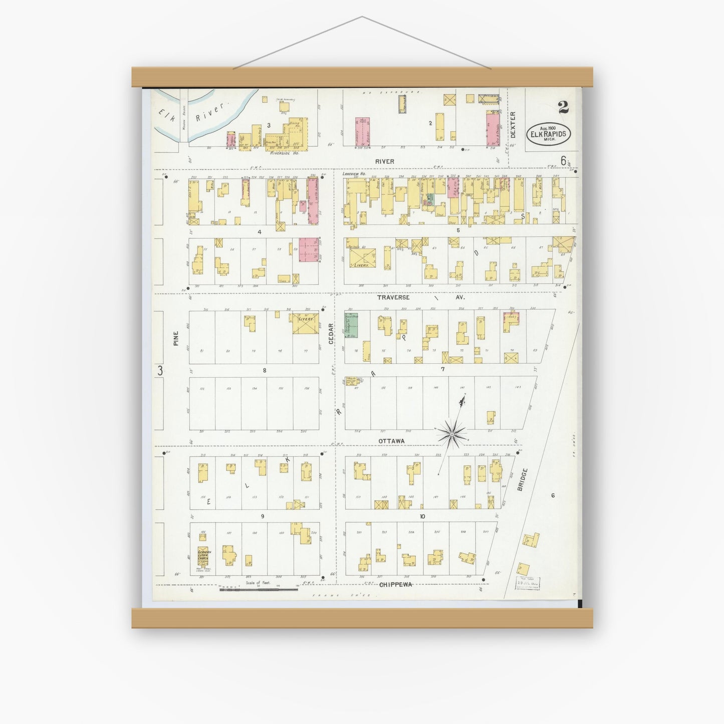 Old map wall art mockup — magnetic wood frame on white wall — Sanborn Fire Insurance Map from Elk Rapids, Antrim County, Michigan (1900), Sheet #0002
