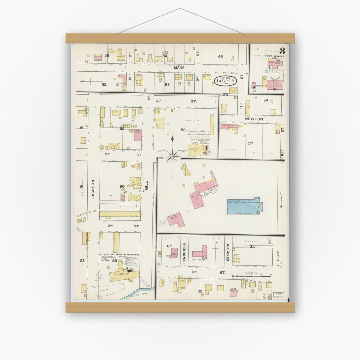 Old map wall art mockup — magnetic wood frame on white wall — Sanborn Fire Insurance Map from Jasper, Dubois County, Indiana (1892), Sheet #0003