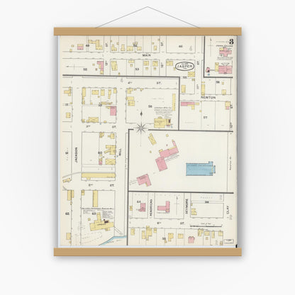 Old map wall art mockup — magnetic wood frame on white wall — Sanborn Fire Insurance Map from Jasper, Dubois County, Indiana (1892), Sheet #0003