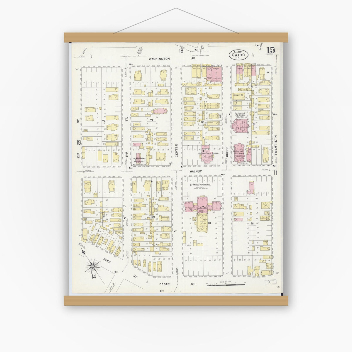Old map wall art mockup — magnetic wood frame on white wall — Sanborn Fire Insurance Map from Cairo, Alexander County, Illinois (1907), Sheet #0015