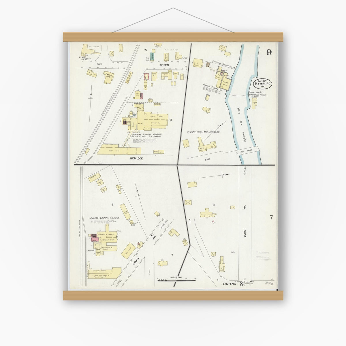 Old map wall art mockup — magnetic wood frame on white wall — Sanborn Fire Insurance Map from Hamburg, Erie County, New York (1907), Sheet #0009