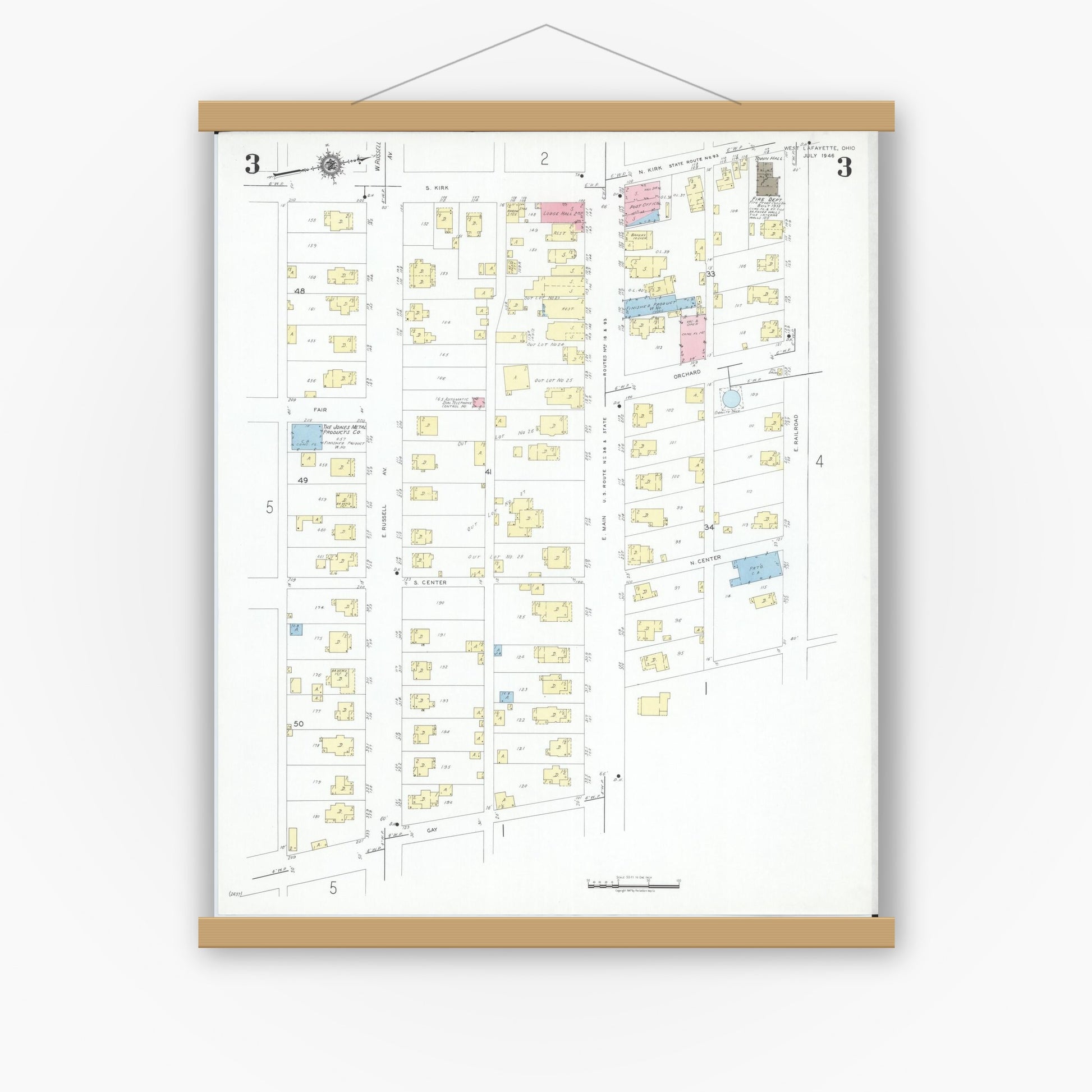 Old map wall art mockup — magnetic wood frame on white wall — Sanborn Fire Insurance Map from West Lafayette, Coshocton County, Ohio (1946), Sheet #0003