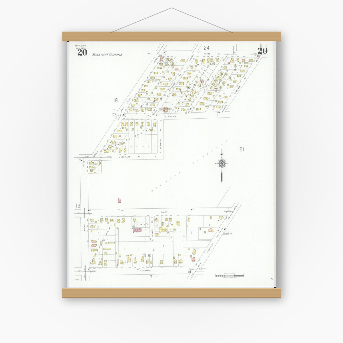 Old map wall art mockup — magnetic wood frame on white wall — Sanborn Fire Insurance Map from Beloit, Rock County, Wisconsin (1939), Sheet #0020