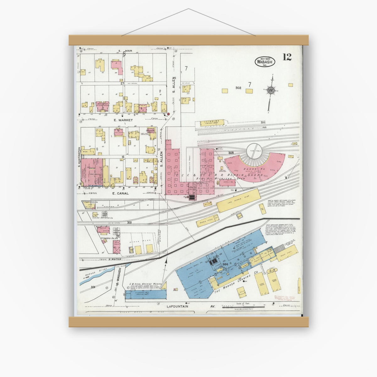 Old map wall art mockup — magnetic wood frame on white wall — Sanborn Fire Insurance Map from Wabash, Wabash County, Indiana (1920), Sheet #0012