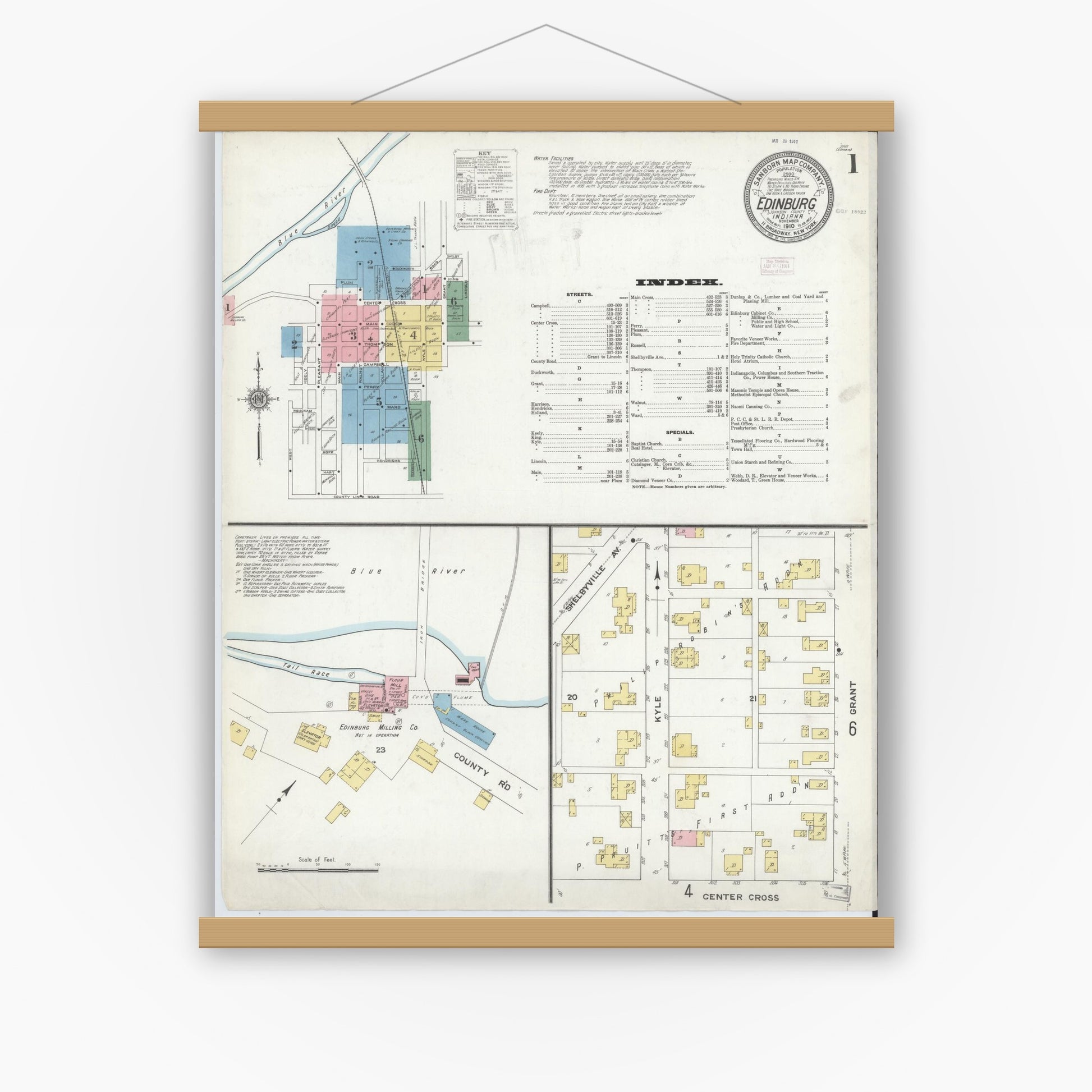 Old map wall art mockup — magnetic wood frame on white wall — Sanborn Fire Insurance Map from Edinburg, Johnson And Bartholomew Counties, Indiana (1910) - Complete Map Set