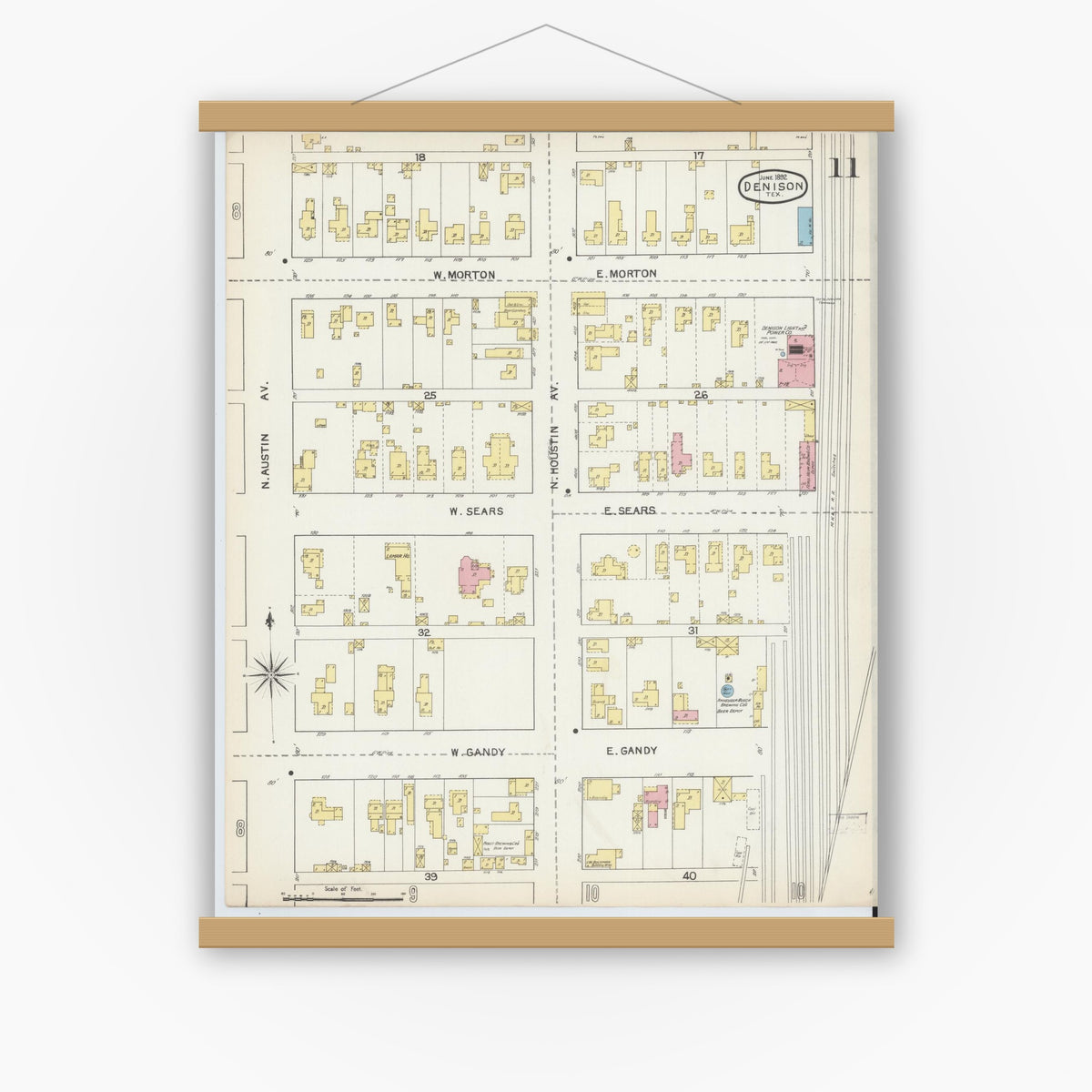Old map wall art mockup — magnetic wood frame on white wall — Sanborn Fire Insurance Map from Denison, Grayson County, Texas (1892), Sheet #0011