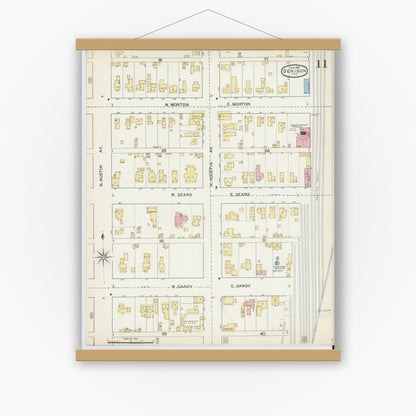 Old map wall art mockup — magnetic wood frame on white wall — Sanborn Fire Insurance Map from Denison, Grayson County, Texas (1892), Sheet #0011
