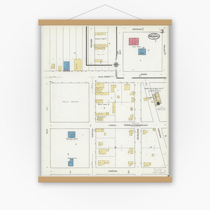 Old map wall art mockup — magnetic wood frame on white wall — Sanborn Fire Insurance Map from Menard, Menard County, Texas (1921), Sheet #0003