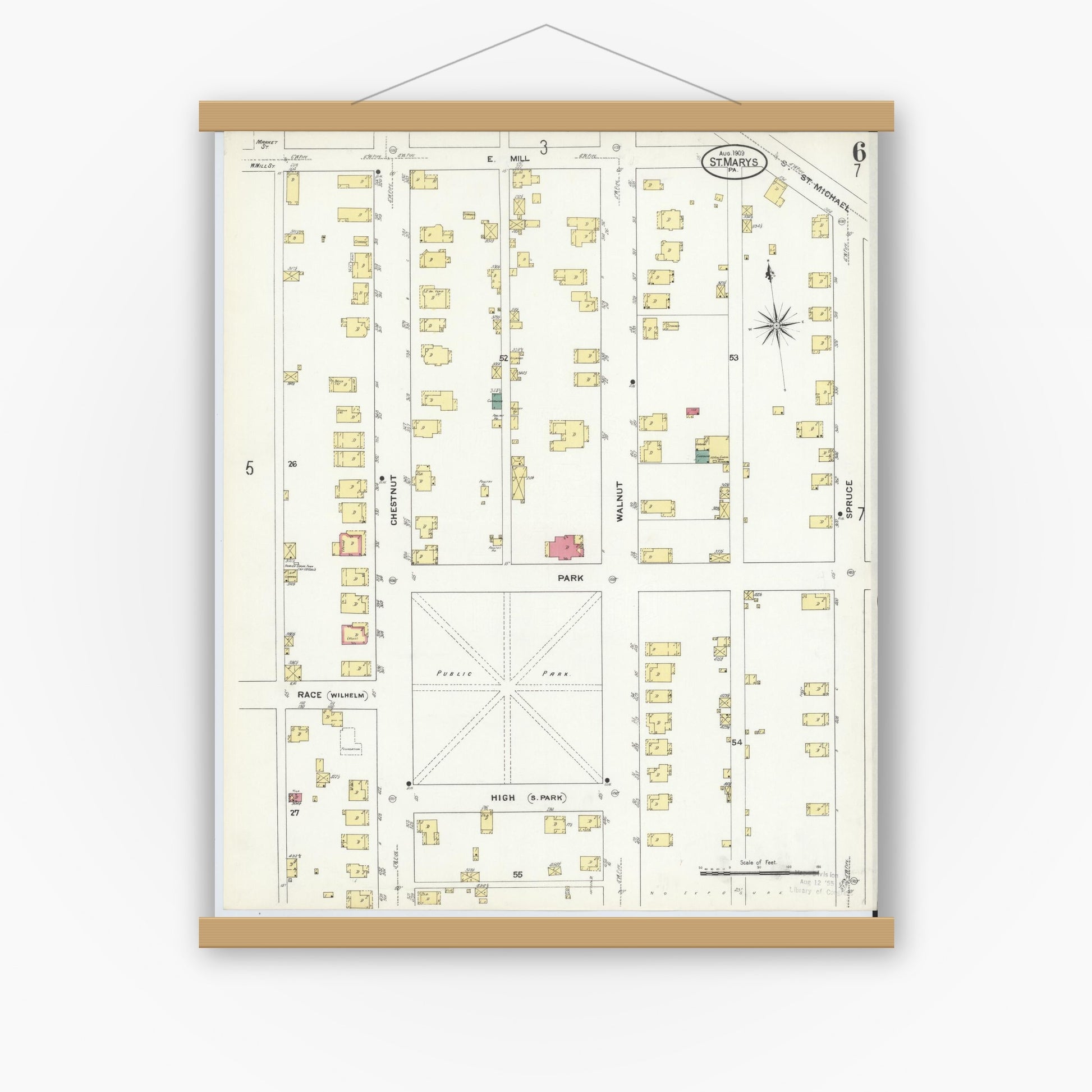 Old map wall art mockup — magnetic wood frame on white wall — Sanborn Fire Insurance Map from Saint Marys, Elk County, Pennsylvania (1909), Sheet #0006