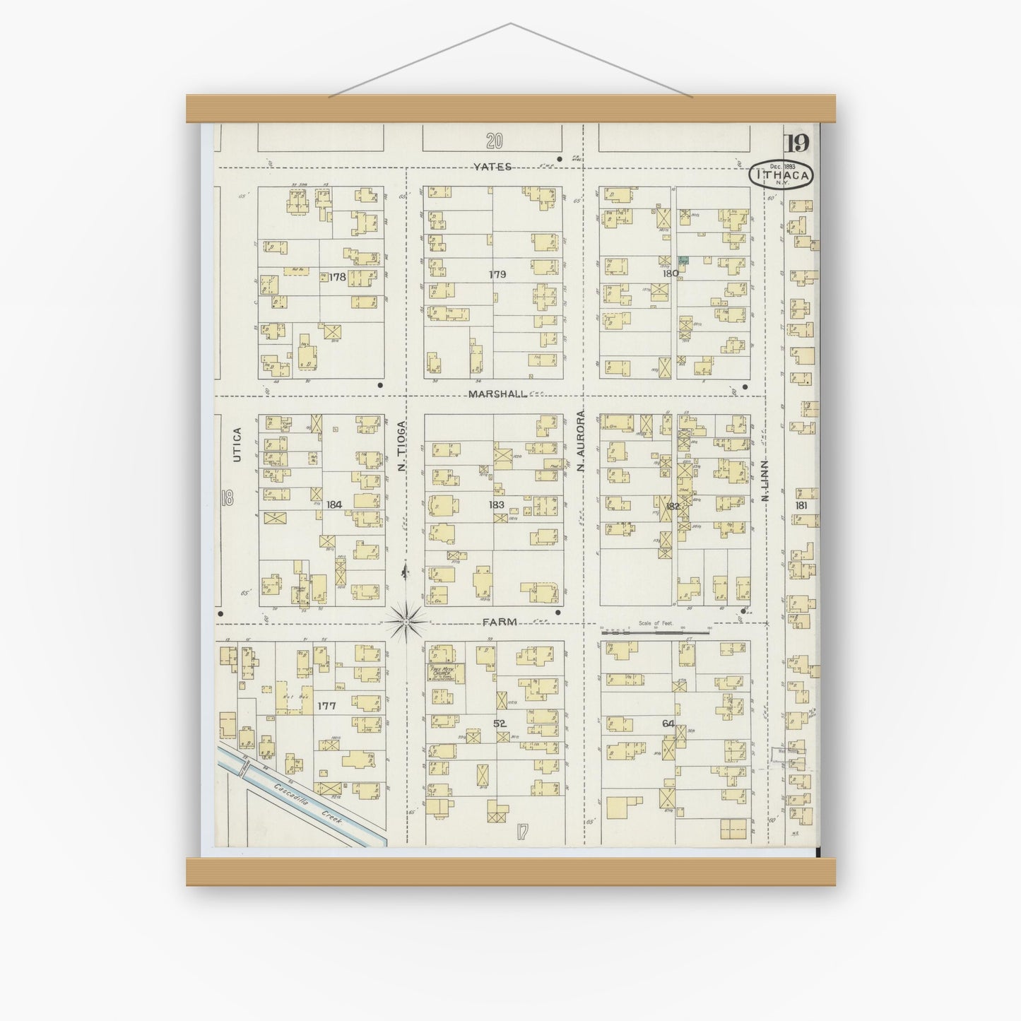Old map wall art mockup — magnetic wood frame on white wall — Sanborn Fire Insurance Map from Ithaca, Tompkins County, New York (1893), Sheet #0019