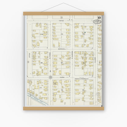Old map wall art mockup — magnetic wood frame on white wall — Sanborn Fire Insurance Map from Ithaca, Tompkins County, New York (1893), Sheet #0019