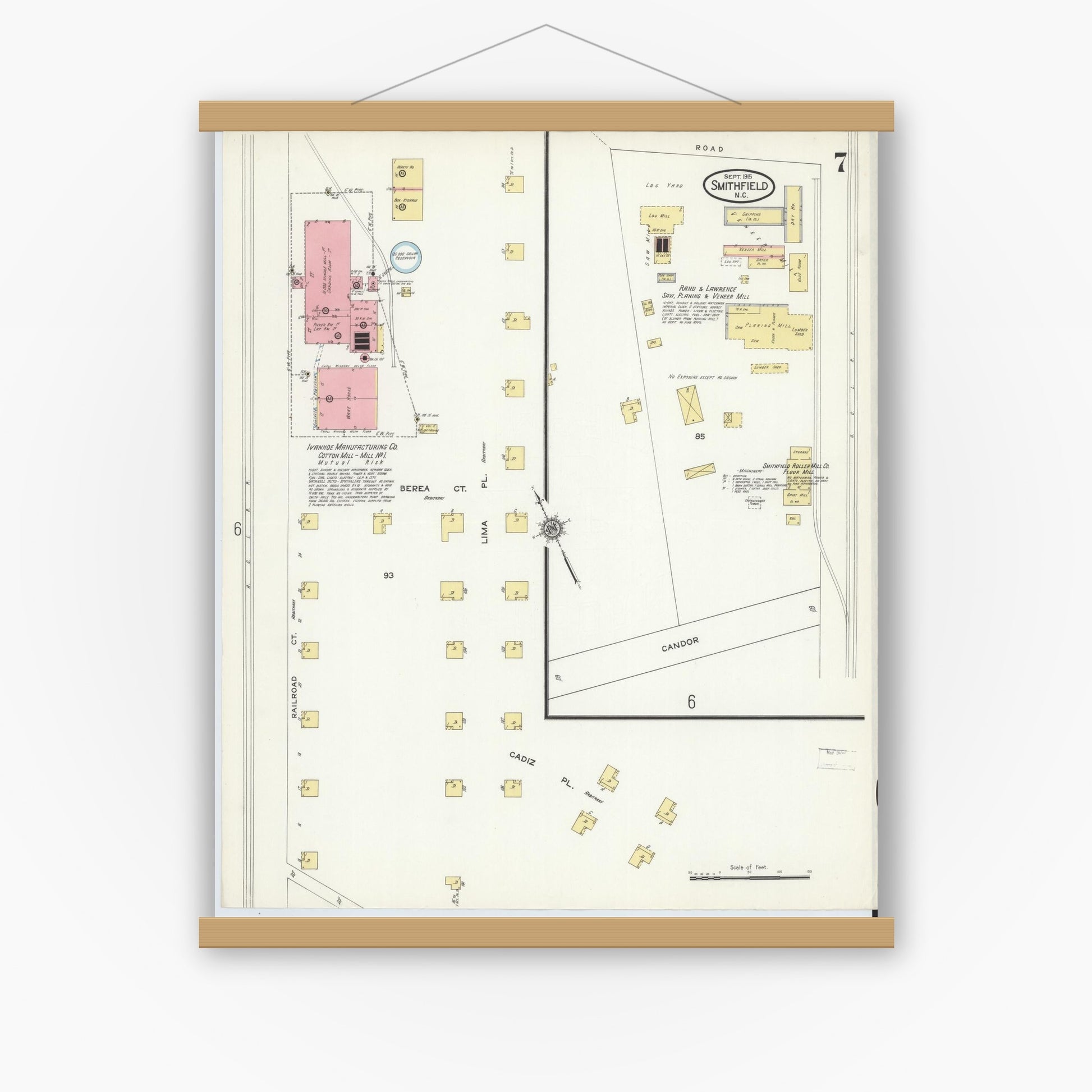 Old map wall art mockup — magnetic wood frame on white wall — Sanborn Fire Insurance Map from Smithfield, Johnston County, North Carolina (1915), Sheet #0007
