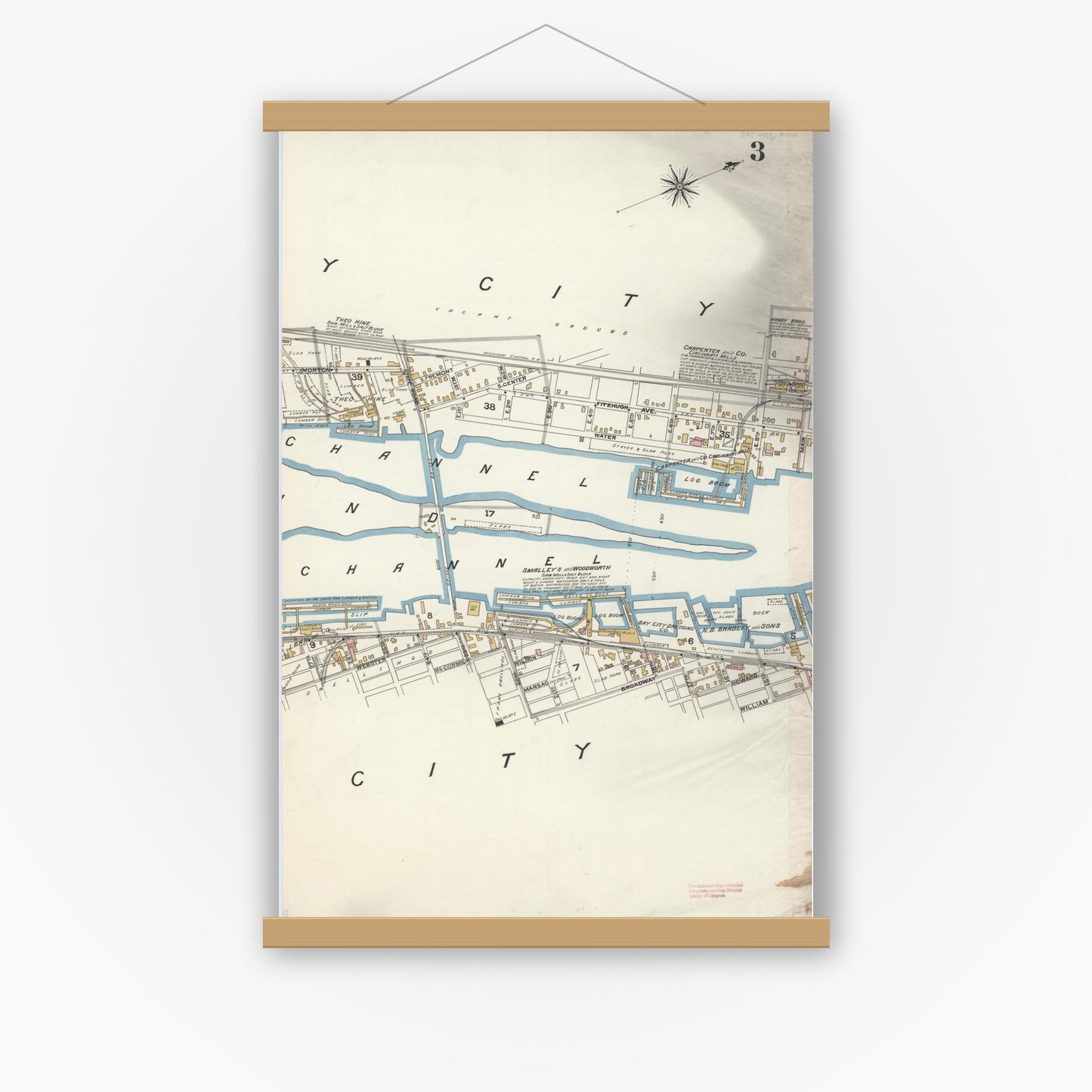 Old map wall art mockup — magnetic wood frame on white wall — Sanborn Fire Insurance Map from Bay City, Bay County, Michigan (1895), Sheet #0003