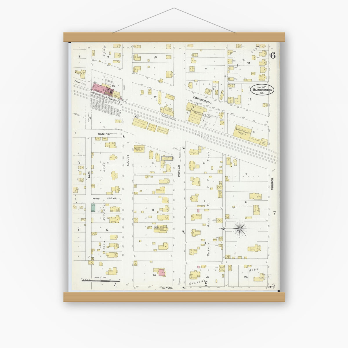 Old map wall art mockup — magnetic wood frame on white wall — Sanborn Fire Insurance Map from Harrisburg, Saline County, Illinois (1907), Sheet #0006