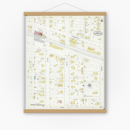Old map wall art mockup — magnetic wood frame on white wall — Sanborn Fire Insurance Map from Harrisburg, Saline County, Illinois (1907), Sheet #0006